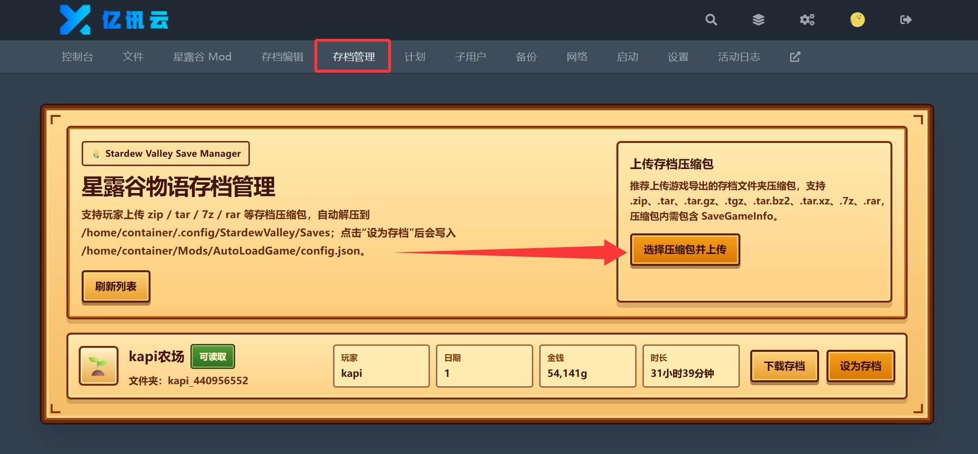 进入存档管理并上传存档压缩包